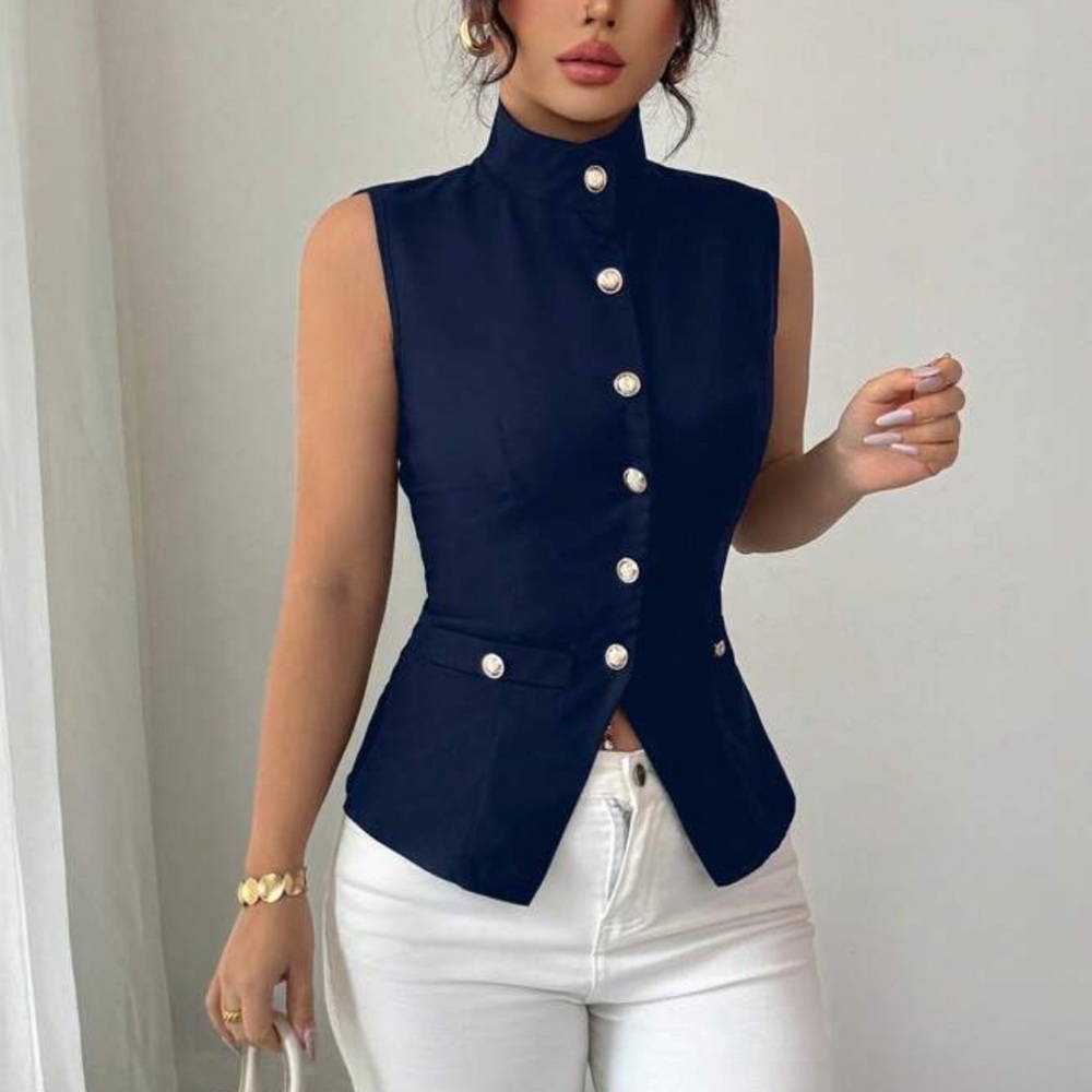 Elegant Navy Blue Sleeveless Button-Up Vest